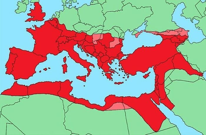 Map showing the extent of the Roman Empire around the Mediterranean, a curious map to expand world knowledge.