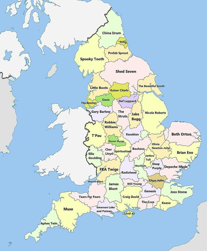 Map of England featuring curious music artist locations to expand your knowledge of the world through unique regional insights.