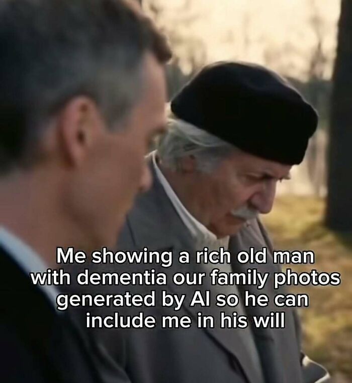 Two men talking outdoors with a funny meme about AI-generated family photos and dementia, related to relatable memes.