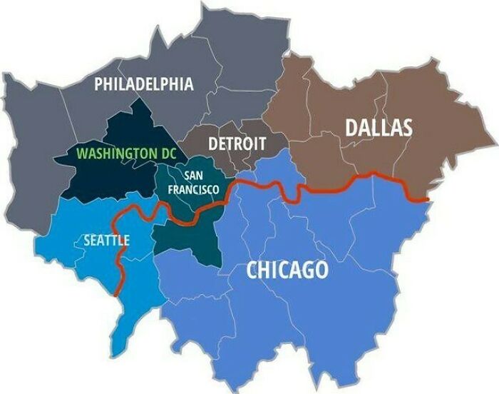 Map of US cities showing curious regional boundaries and divisions to expand your knowledge of the world with colorful zones and labels.