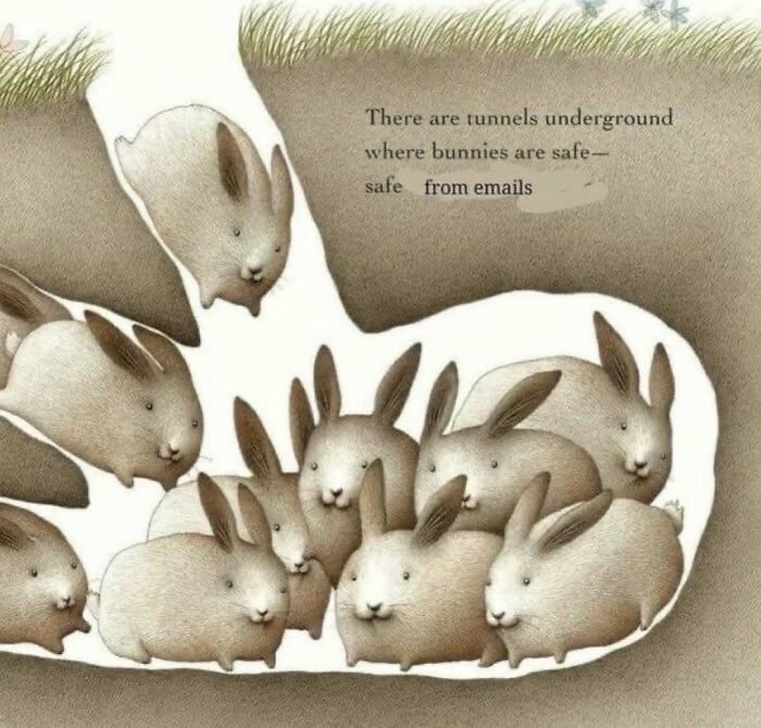 Illustration of bunnies in underground tunnels with text about being safe from emails, relatable meme concept.