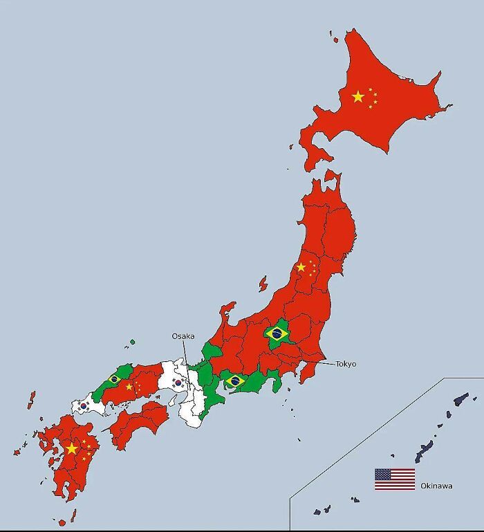 Map of Japan with regions highlighted by different country flags showing curious maps to expand knowledge of the world.