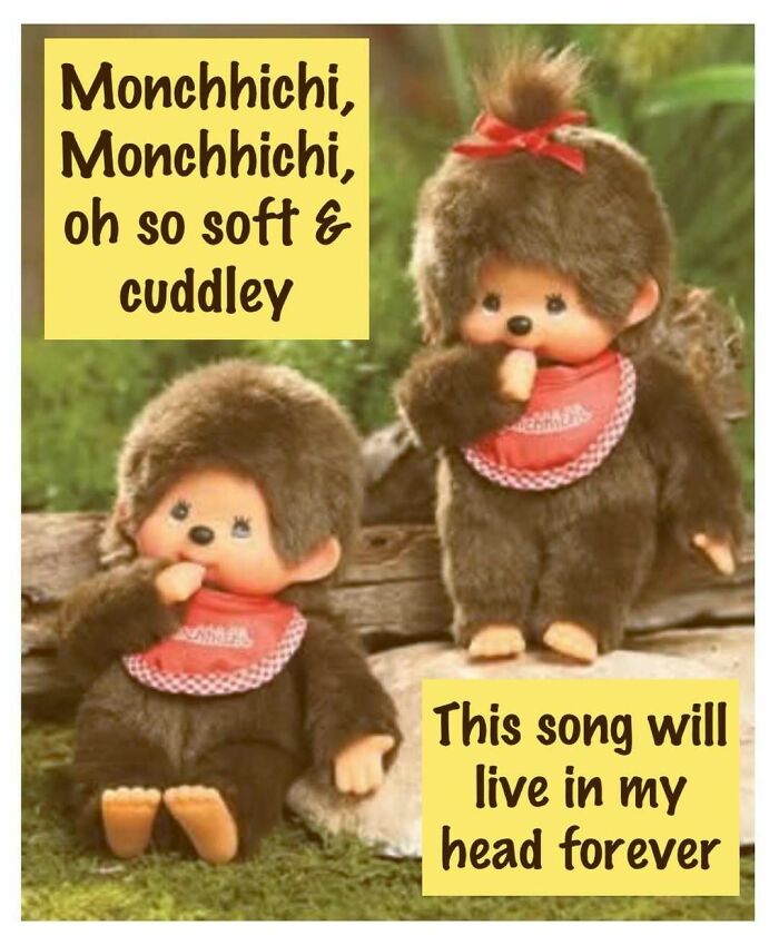Two vintage Monchhichi dolls with red bandanas in outdoor setting, evoking nostalgia from good old 80s childhood memories.