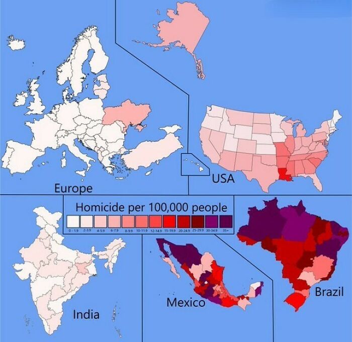 Maps showing homicide rates per 100,000 people across Europe, USA, India, Mexico, and Brazil with color-coded intensity.