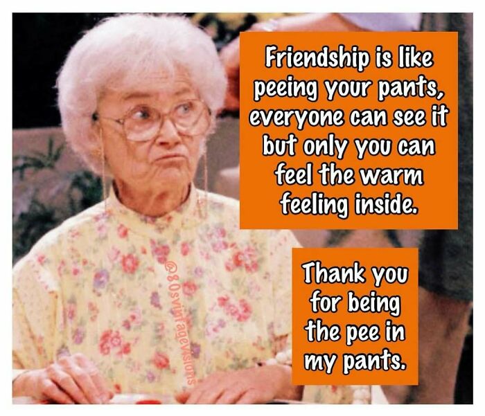 Elderly woman with glasses and floral shirt beside humorous friendship quote from 80s IG account celebrating the good old 80s.