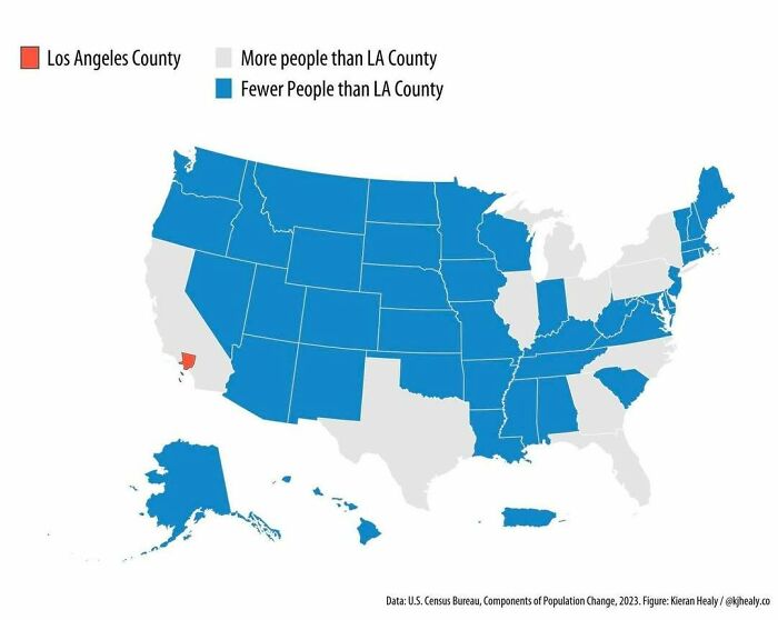 Map of US states showing population comparison based on Los Angeles County for curious maps expanding world knowledge.