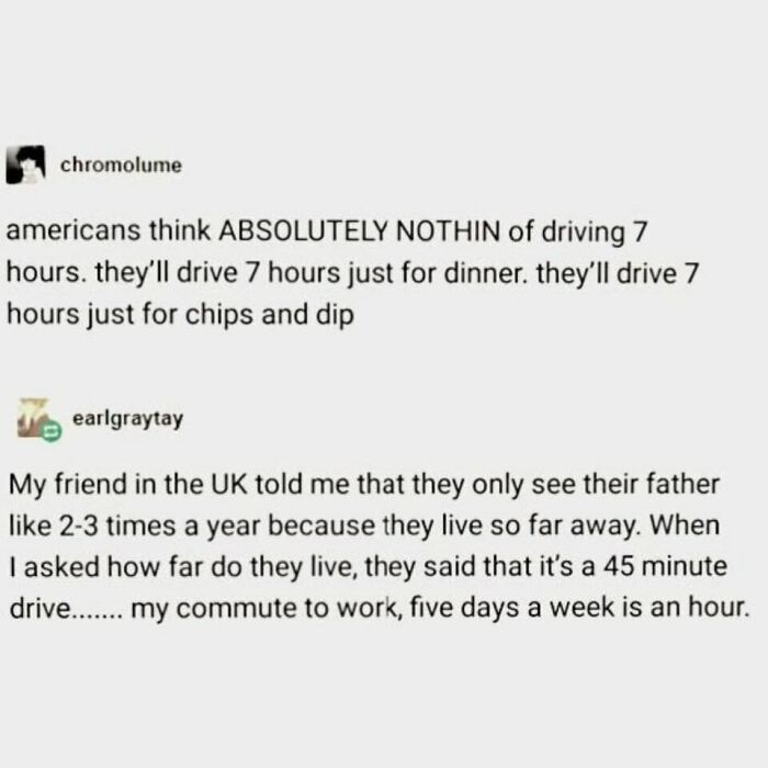 Text meme discussing long driving times in America versus the UK, part of random memes that might make you laugh.
