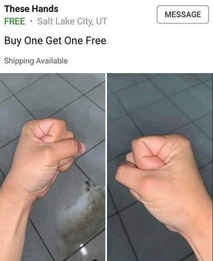 Buy one get one free hands meme showing two fists side by side in a funny and relatable Instagram post.