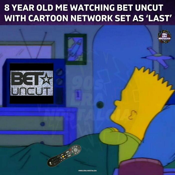Bart Simpson watching BET Uncut on TV with Cartoon Network off, illustrating 90s nostalgia and nostalgic ’90s memes.
