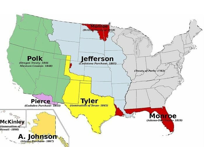 Map showing US territorial expansion under presidents Polk, Jefferson, Tyler, Monroe, and others with historical purchase and treaty dates.