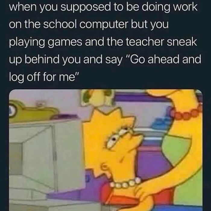 Lisa Simpson looking guilty at school computer, nostalgic 90s meme about playing games instead of work.