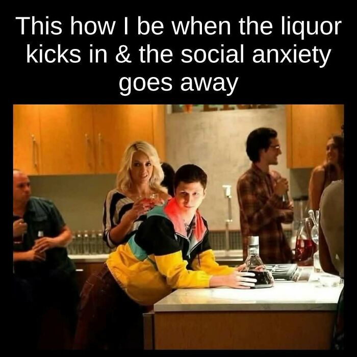 Meme from Instagram page reflecting millennial mind, showing a person relaxed at a party as social anxiety fades with liquor.