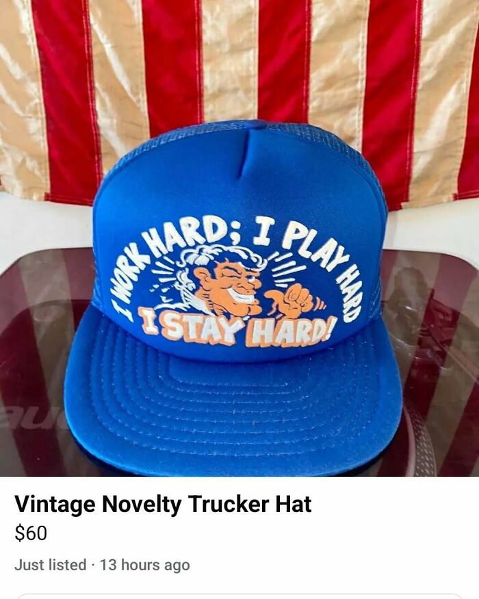 Blue vintage novelty trucker hat with bold slogan displayed on table in a wild Facebook Marketplace listing.