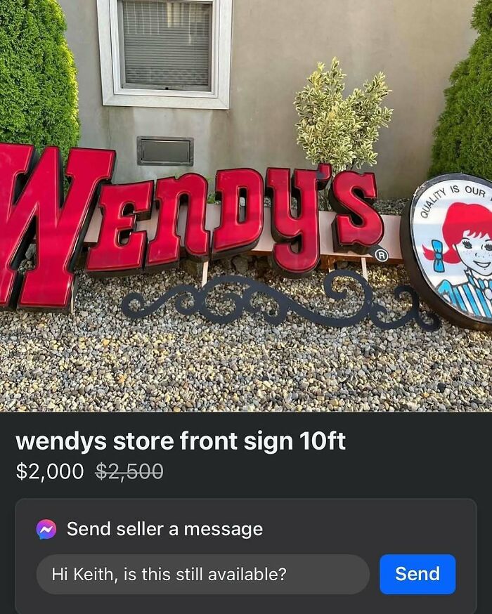 Large Wendy's store front sign for sale on Facebook Marketplace, showing the wild variety of items listed online.