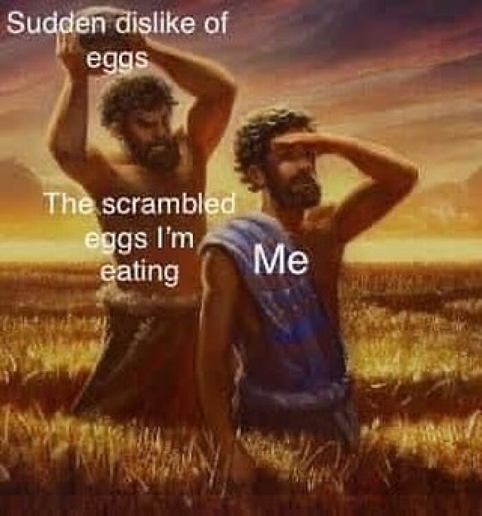 Relatable meme showing two men in a field illustrating sudden dislike of scrambled eggs while eating them.