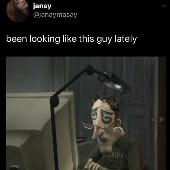 Relatable meme showing tired animated man with glasses sitting at computer, depicting everyday exhaustion and humor.