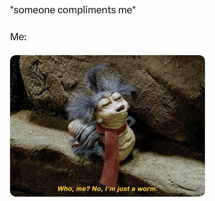Meme from an Instagram page reflecting the millennial mind with a humorous worm character and a caption about compliments.