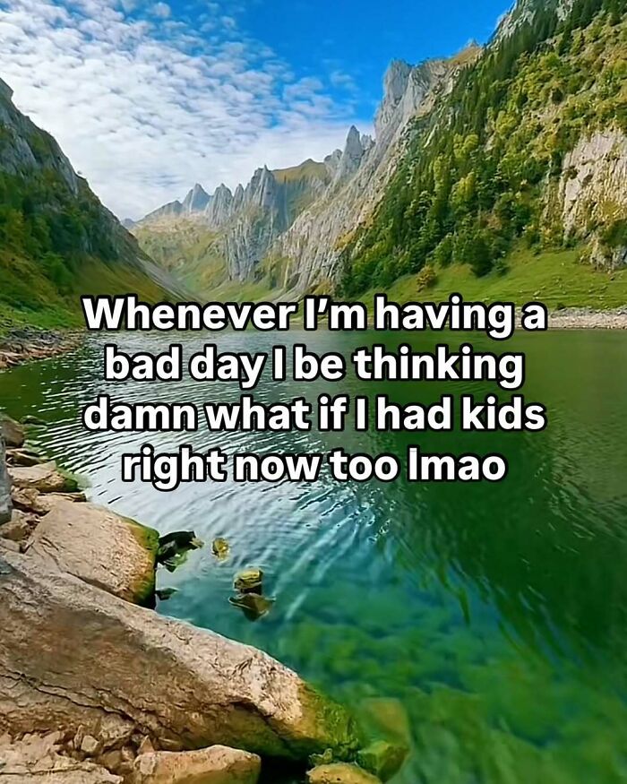 Scenic mountain lake background with funny relatable meme text about having a bad day and kids, funny memes from Instagram.