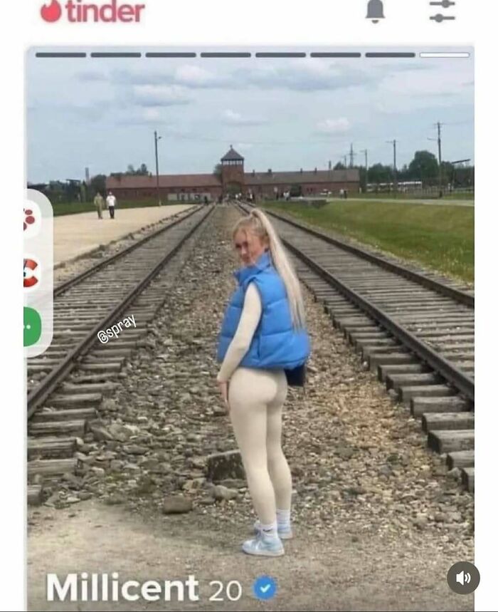 Young woman posing on train tracks in a cringey picture shared on an Instagram account known for awkward photos.