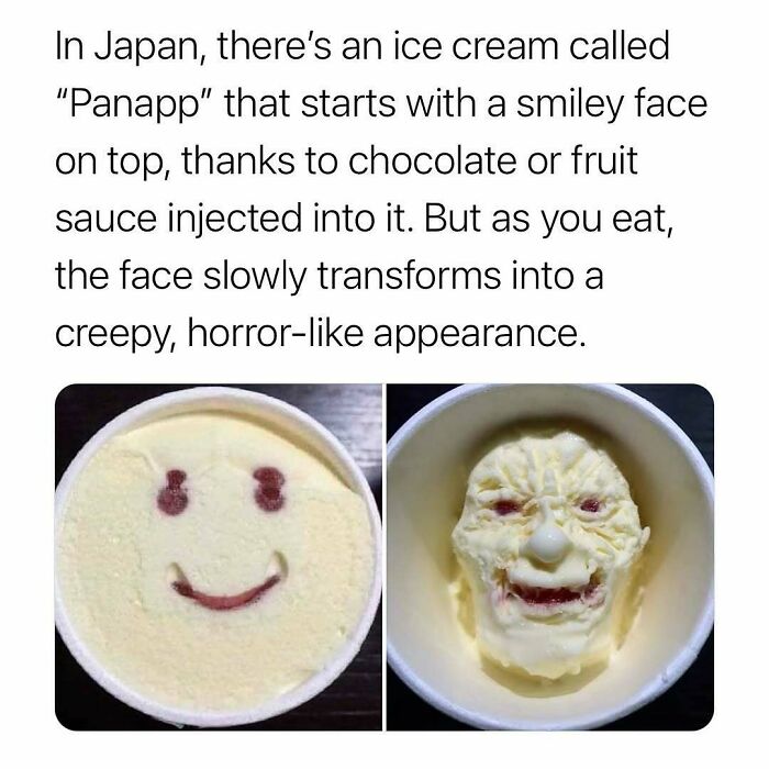 Smiley face ice cream from Japan transforms into a creepy horror-like appearance, showing how everything can be interesting.