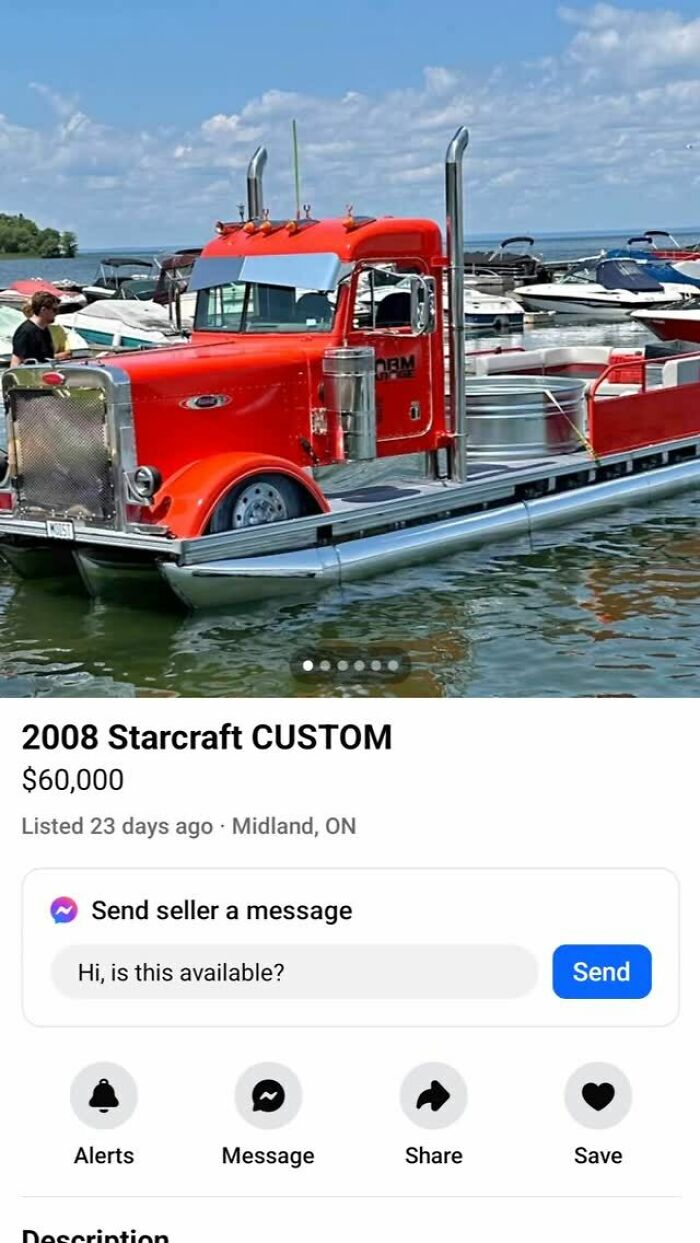 Red custom 2008 Starcraft truck-boat hybrid listed on Facebook Marketplace showing wild unique vehicle listing.