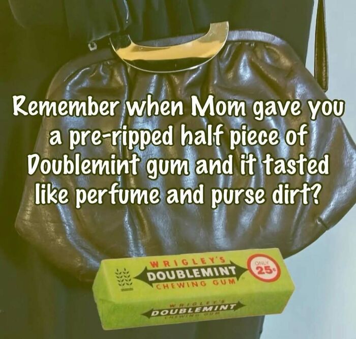 Retro Doublemint gum packaging with nostalgic text about '80s childhood memories on a purse background.