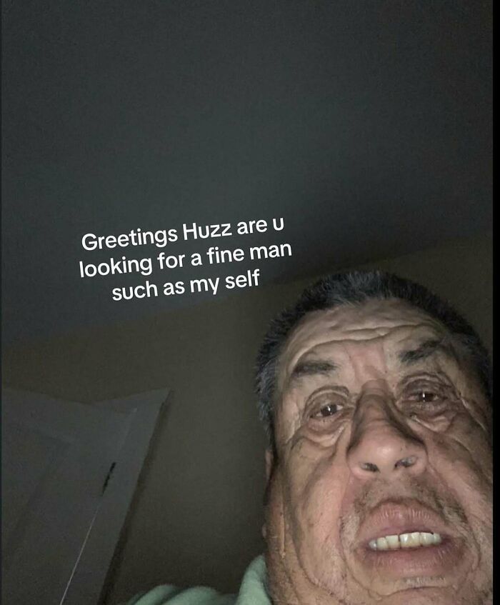 Selfie of a man with wrinkles and facial hair, including cringey text, shared on an Instagram account featuring cringey pictures.