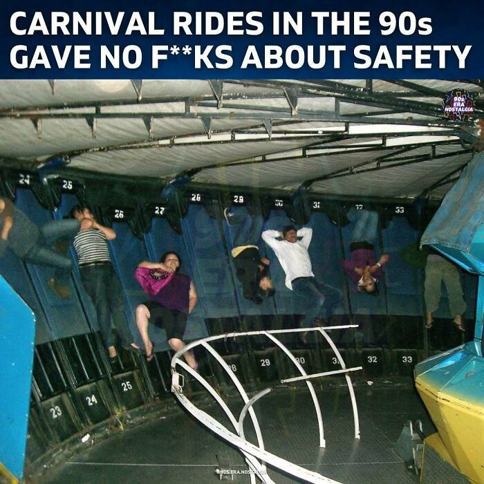 People lying casually on a 90s carnival ride, showcasing nostalgic 90s posts and memes about carefree times.