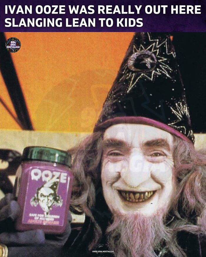 Man dressed as wizard Ivan Ooze from ’90s movie holding a container, nostalgic ’90s posts and memes theme.