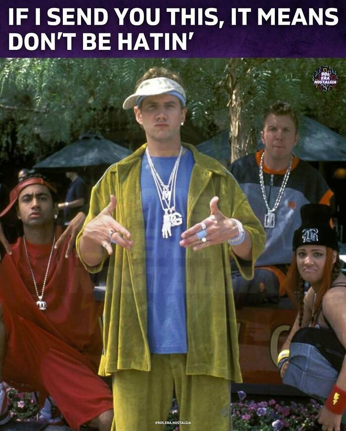 Group of young adults in 90s hip-hop fashion posing outdoors with nostalgic style and accessories from the 90s era.