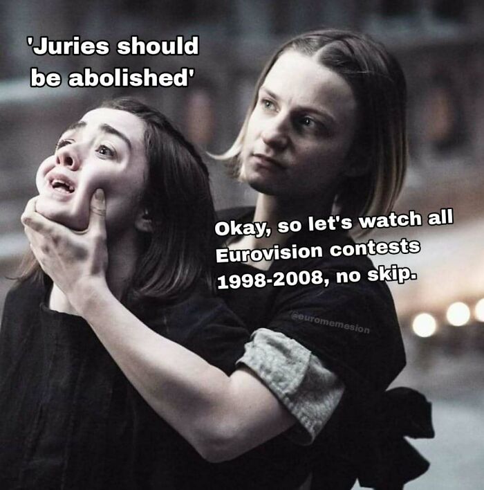 Two women acting out a meme about Eurovision juries, referencing watching all Eurovision contests from 1998 to 2008.