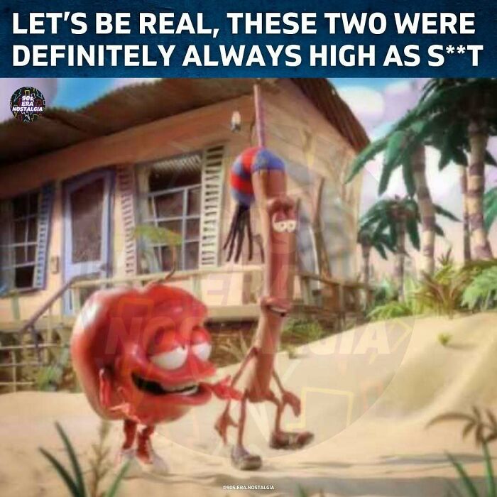 Animated nostalgic ’90s characters walking on a beach with humorous text about being high, evoking ’90s posts and memes.