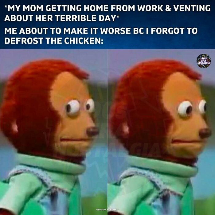 Two-panel meme with a nervous cartoon monkey, a popular ’90s meme from nostalgic posts about time travel.