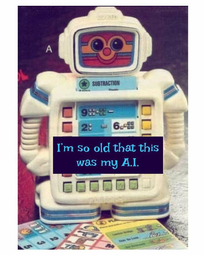 Vintage toy robot with math subtraction, nostalgic 80s style, celebrating good old 80s in retro design.