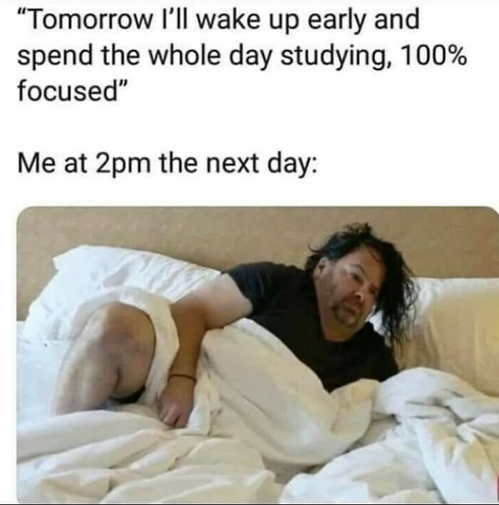 Man lying in bed looking tired and unmotivated, illustrating relatable memes about avoiding responsibilities like a pro.