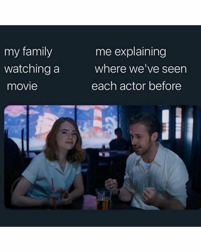 Two people sitting in a bar with captions about family watching a movie and explaining actors, reflecting millennial mind memes.