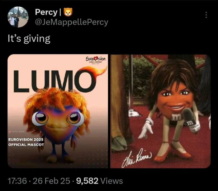 Social media meme comparing Eurovision 2025 official mascot Lumo with an M&M character, showcasing Eurovision memes.