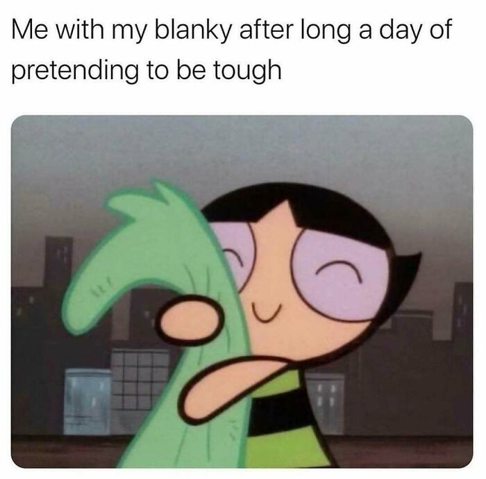 Cartoon character hugging a green blanket, relatable meme about avoiding responsibilities after a long day.