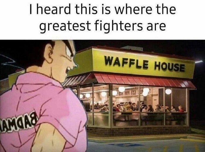 Anime character in a pink shirt outside a Waffle House, captioned with a nostalgic ’90s meme about fighters gathering there.
