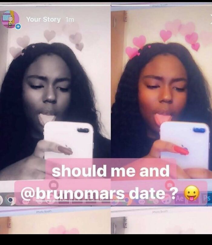 Young woman taking a cringey Instagram selfie with heart filters and playful text about dating Bruno Mars.