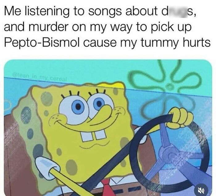 SpongeBob driving with a smile, relatable meme about avoiding responsibilities while dealing with tummy pain.