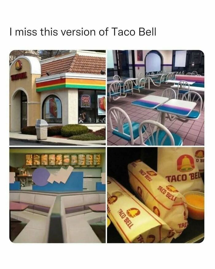 Old Taco Bell restaurant exterior, vintage interior seating, and wrapped tacos, evoking nostalgia for Millennials and 90s life.