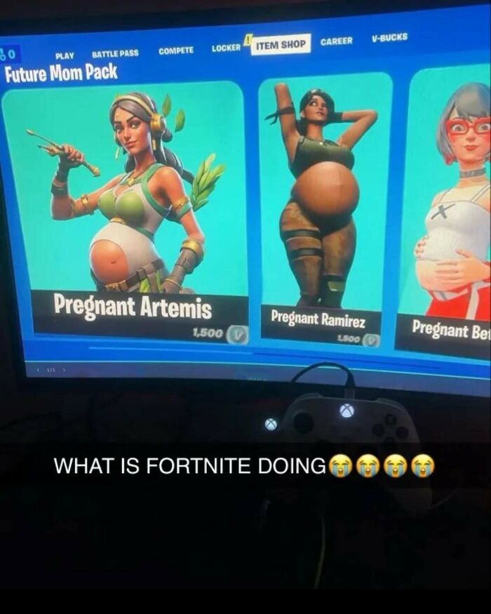 Fortnite item shop screen showing cringey pregnant character skins with a gaming controller below the TV.