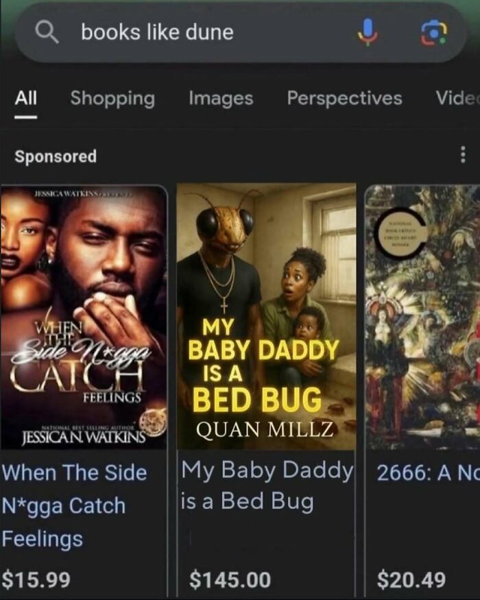 Search results showing cringey and awkward book covers, highlighting unusual and bizarre images shared on Instagram.