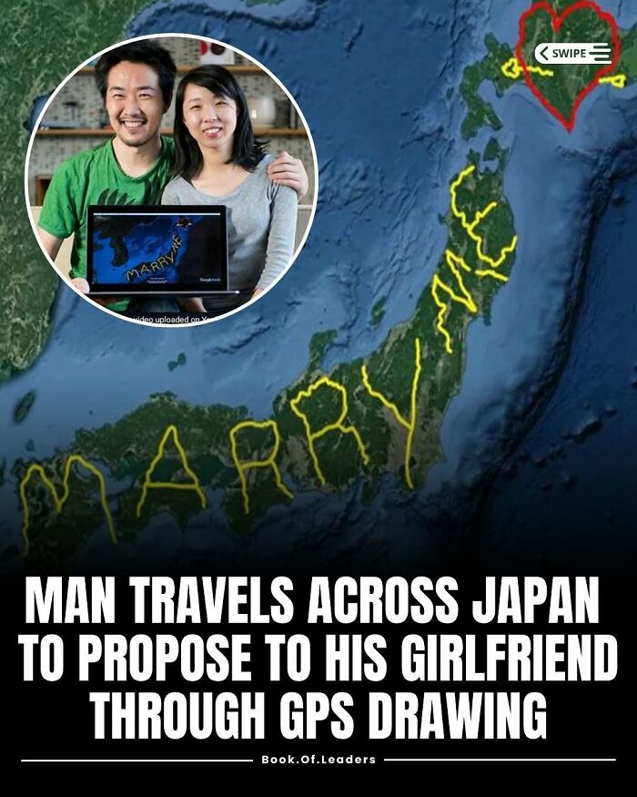 Couple showing a GPS drawing proposal spelling marry me across Japan, illustrating unique stories and facts.