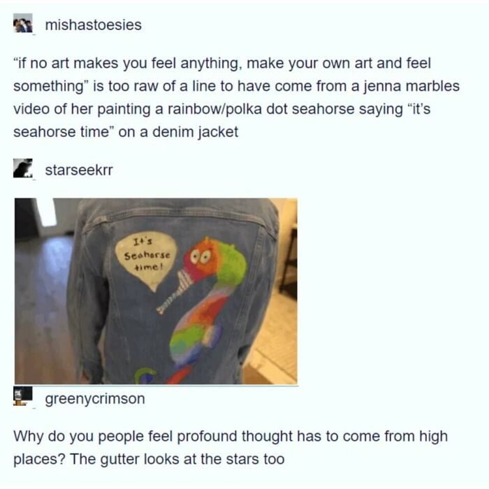 Meme featuring a painted seahorse on a denim jacket with humorous text, part of random memes collection.