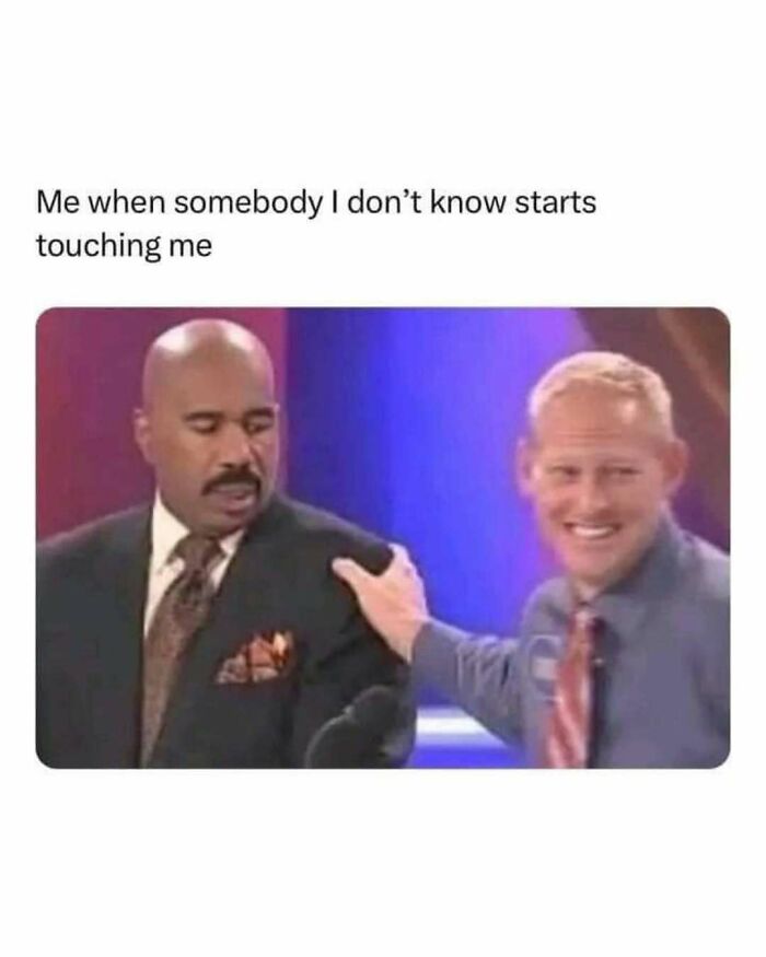 Man reacts uncomfortably when a stranger touches him, shown in a popular meme reflecting millennial mind humor.