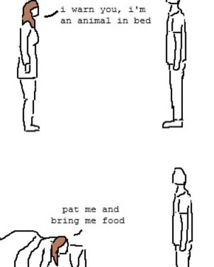 Simple comic showing relatable memes with a person avoiding responsibilities by staying in bed and asking for food.