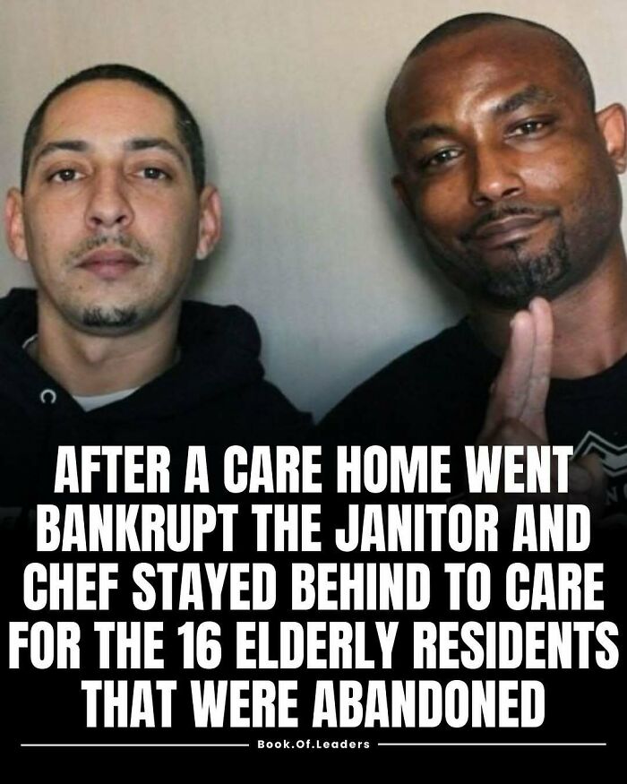 Two men posing with text about janitor and chef caring for elderly residents after care home bankruptcy, illustrating stories and facts.