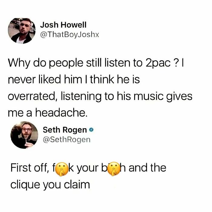 Social media exchange criticizing 2pac music showcasing nostalgic ’90s posts and memes with humorous reactions.